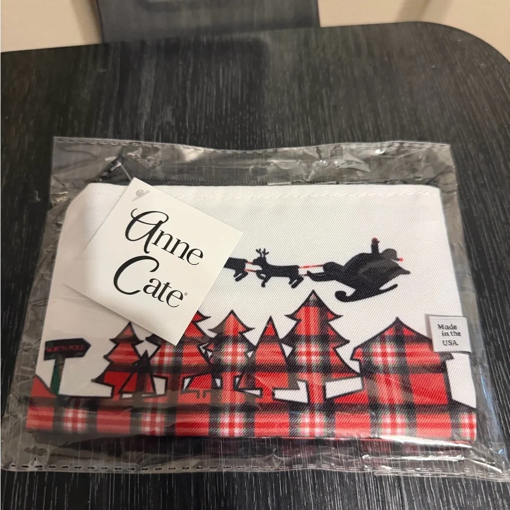 Anne Cate Christmas Plaid Pouch Santa and reindeer motif 6”W X 4”H Made In USA